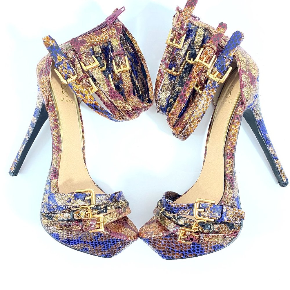 ❤️ Metallic ankle cuff strap stiletto platform multicolor Sz 8.5 6 inch